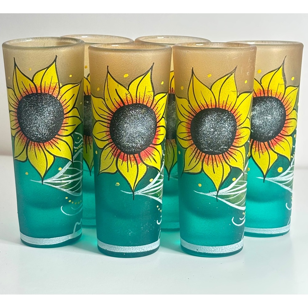 Vintage Frosted Glass Sunflower Shot Glasses Set of 6 Hand Painted 2oz